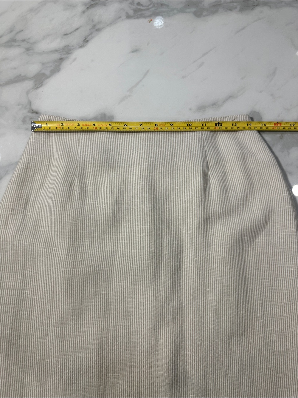 VINTAGE 90s LINEN Classic Cream White Tan Beige Striped Midi Pencil Skirt Medium - Picture 11 of 13